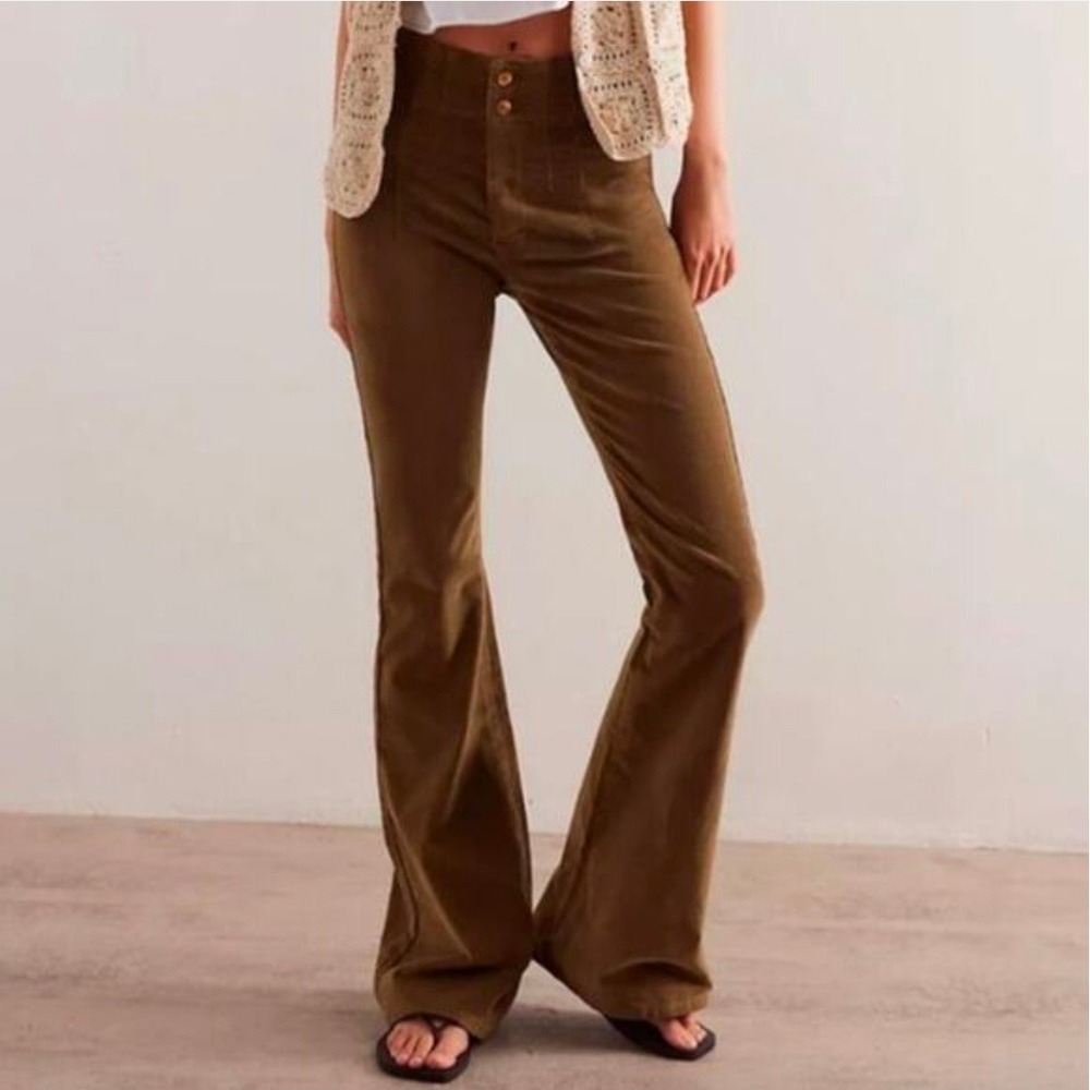 We The Free Corduroy Flare Pants High Rise Corset Waist Olive Green Size 26